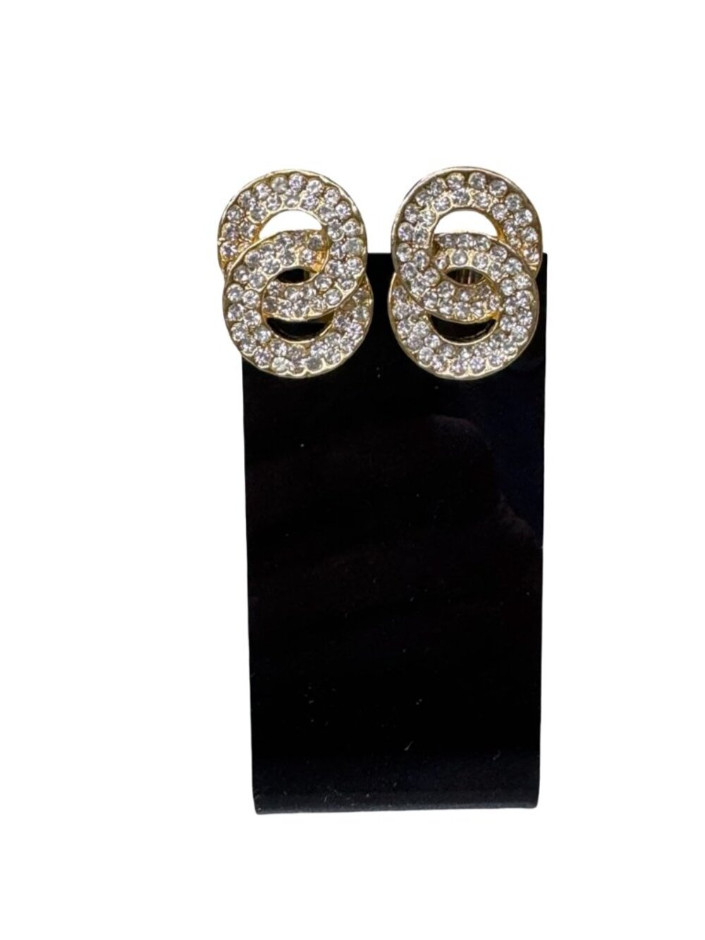 Vtg Gold-Tone Crystal Pave Double Interlocking Rhinestone Rings Clip-On Earrings - Picture 2 of 6